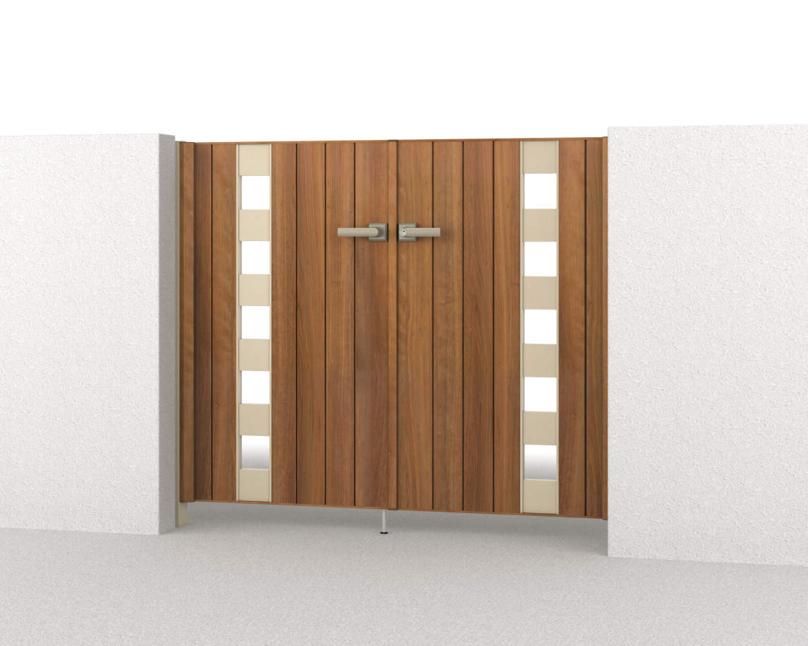 三協アルミ　門扉　モダン　おしゃれ　エクステリア　愛知・名古屋の外構専門店パートナーホームのエクステリア　製品一覧　形材門扉　フレイナ　SW型　0712/すき間ガード（吊元側）/クラフトチェリー・アーバングレー（YCU）/門柱色：アーバングレー|パートナーホーム