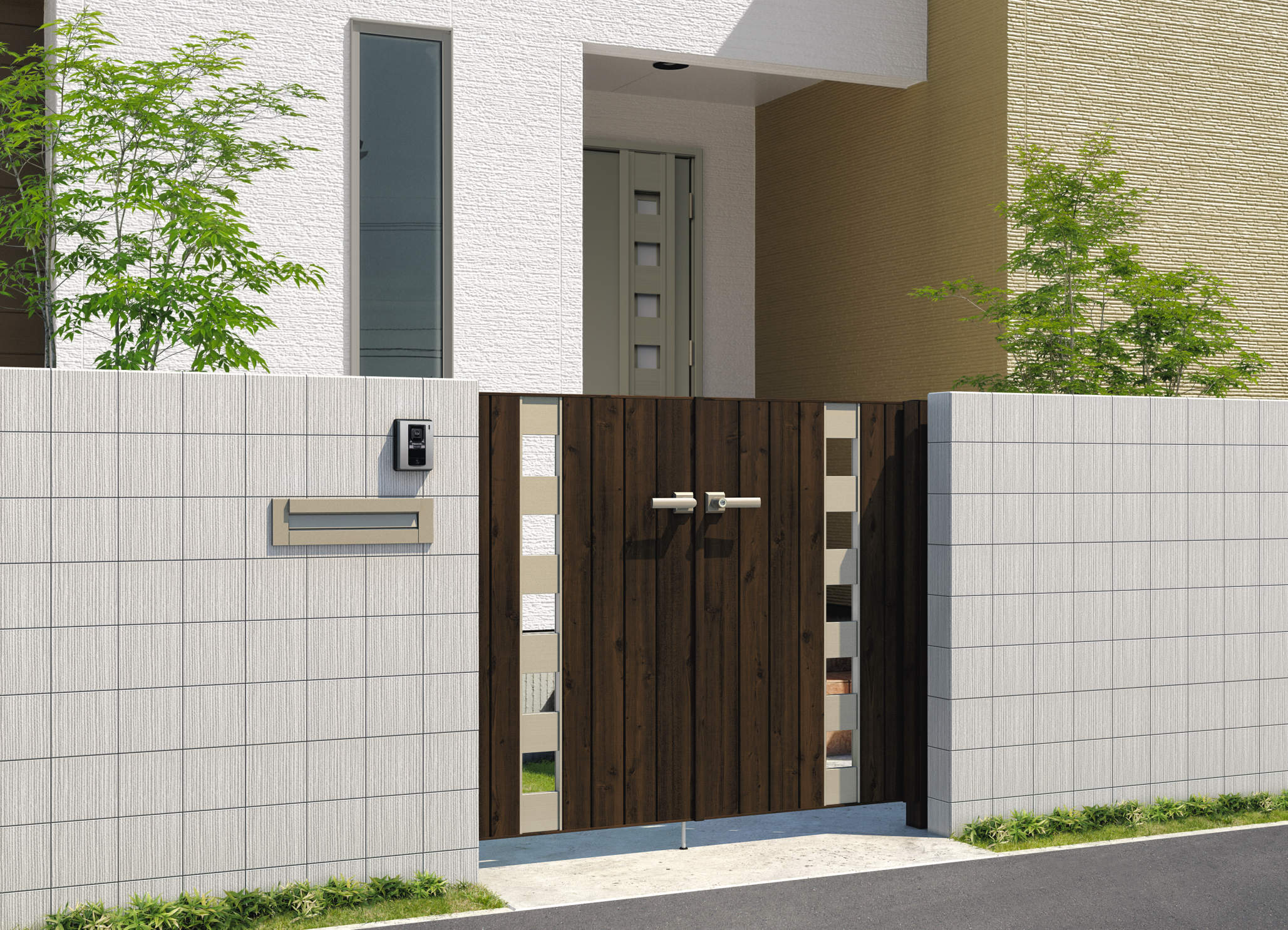 三協アルミ　門扉　モダン　おしゃれ　エクステリア　愛知・名古屋の外構専門店パートナーホームのエクステリア　製品一覧　形材門扉　フレイナ　SW型　0712/すき間ガード（吊元側）/トラッドオーク・アーバングレー（FAU）/門柱色：トラッドオーク EG016309|パートナーホーム