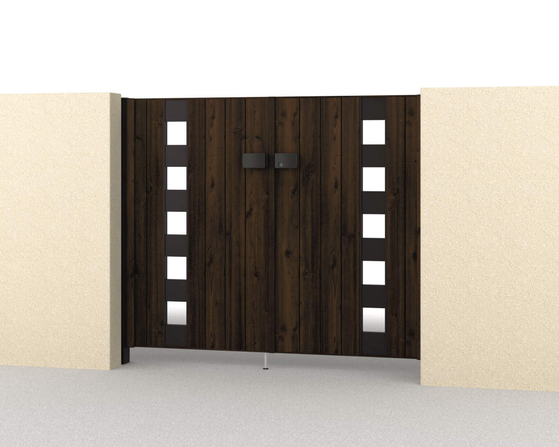 三協アルミ　門扉　モダン　おしゃれ　エクステリア　愛知・名古屋の外構専門店パートナーホームのエクステリア　製品一覧　形材門扉　フレイナ　SW型　0712/すき間ガード（吊元側）/トラッドオーク・ダークブロンズ（FAC）/門柱色：ダークブロンズ|パートナーホーム