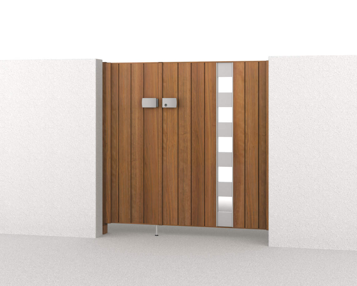 三協アルミ　門扉　モダン　おしゃれ　エクステリア　愛知・名古屋の外構専門店パートナーホームのエクステリア　製品一覧　形材門扉　フレイナ　SW型　04・0812/クラフトチェリー・サンシルバー（YCL）/門柱色：クラフトチェリー/すき間ガード（吊元側） EG016313|パートナーホーム