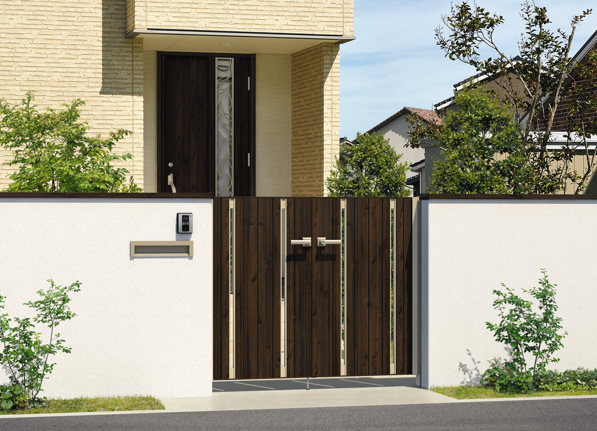 三協アルミ　門扉　モダン　おしゃれ　エクステリア　愛知・名古屋の外構専門店パートナーホームのエクステリア　製品一覧　形材門扉　フレイナ　SD型　0712/すき間ガード（吊元側）/トラッドオーク・アーバングレー（FAU）/門柱色：アーバングレー|パートナーホーム