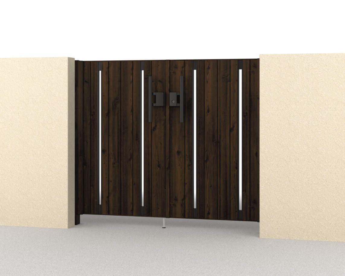 三協アルミ　門扉　モダン　おしゃれ　エクステリア　愛知・名古屋の外構専門店パートナーホームのエクステリア　製品一覧　形材門扉　フレイナ　SD型　0712/すき間ガード（吊元側）/トラッドオーク・ダークブロンズ（FAC）/門柱色：トラッドオーク|パートナーホーム
