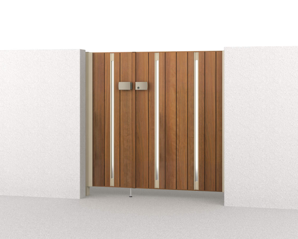 三協アルミ　門扉　モダン　おしゃれ　エクステリア　愛知・名古屋の外構専門店パートナーホームのエクステリア　製品一覧　形材門扉　フレイナ　SD型　04・0812/すき間ガード（吊元側）/クラフトチェリー・アーバングレー（YCU）/門柱色：アーバングレー|パートナーホーム