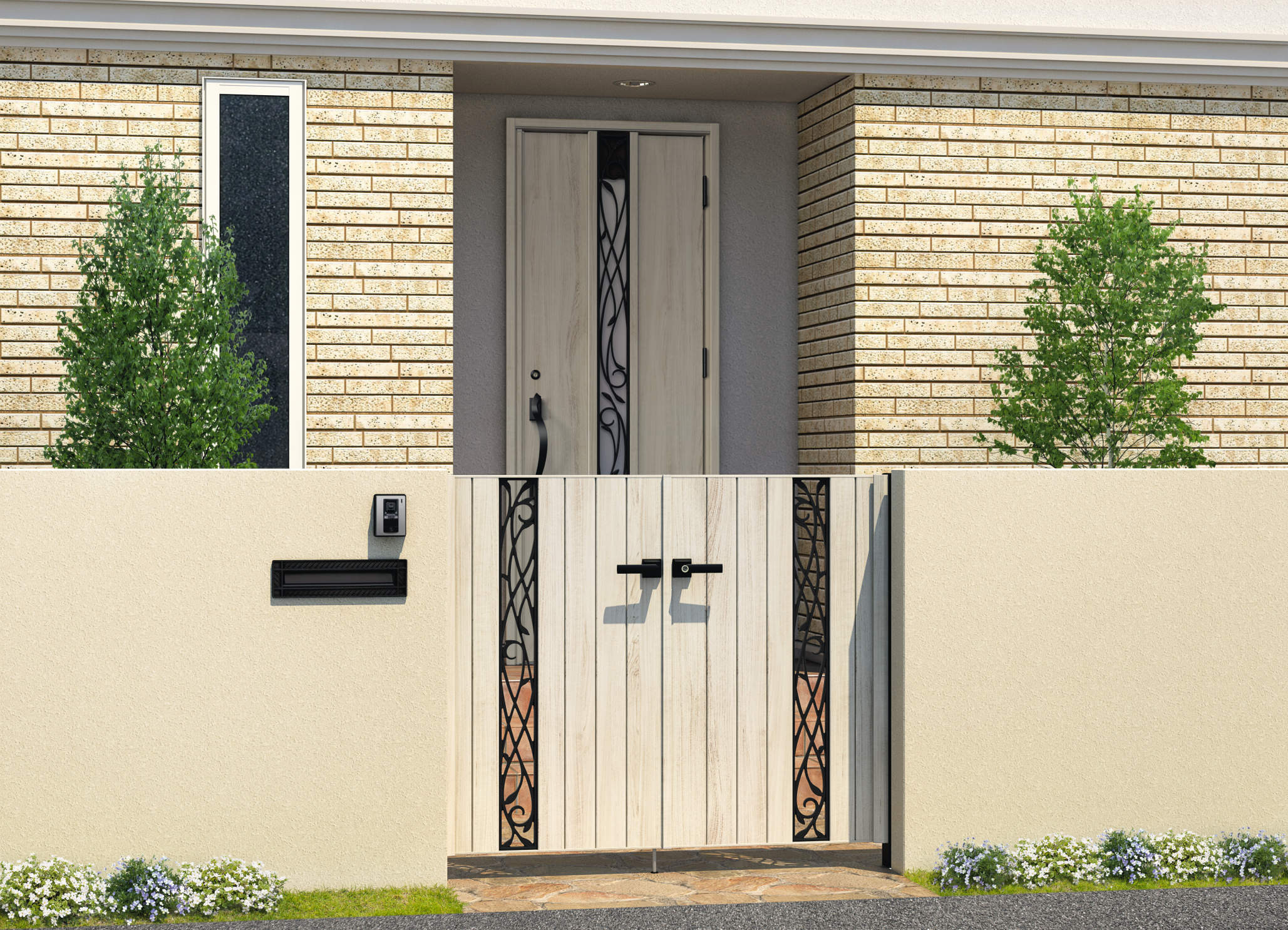 三協アルミ　門扉　モダン　おしゃれ　エクステリア　愛知・名古屋の外構専門店パートナーホームのエクステリア　製品一覧　形材門扉　フレイナ　SC型　0712/シルキーノーチェ（YN）/門柱色：ブラック/すき間ガード（吊元側）|パートナーホーム