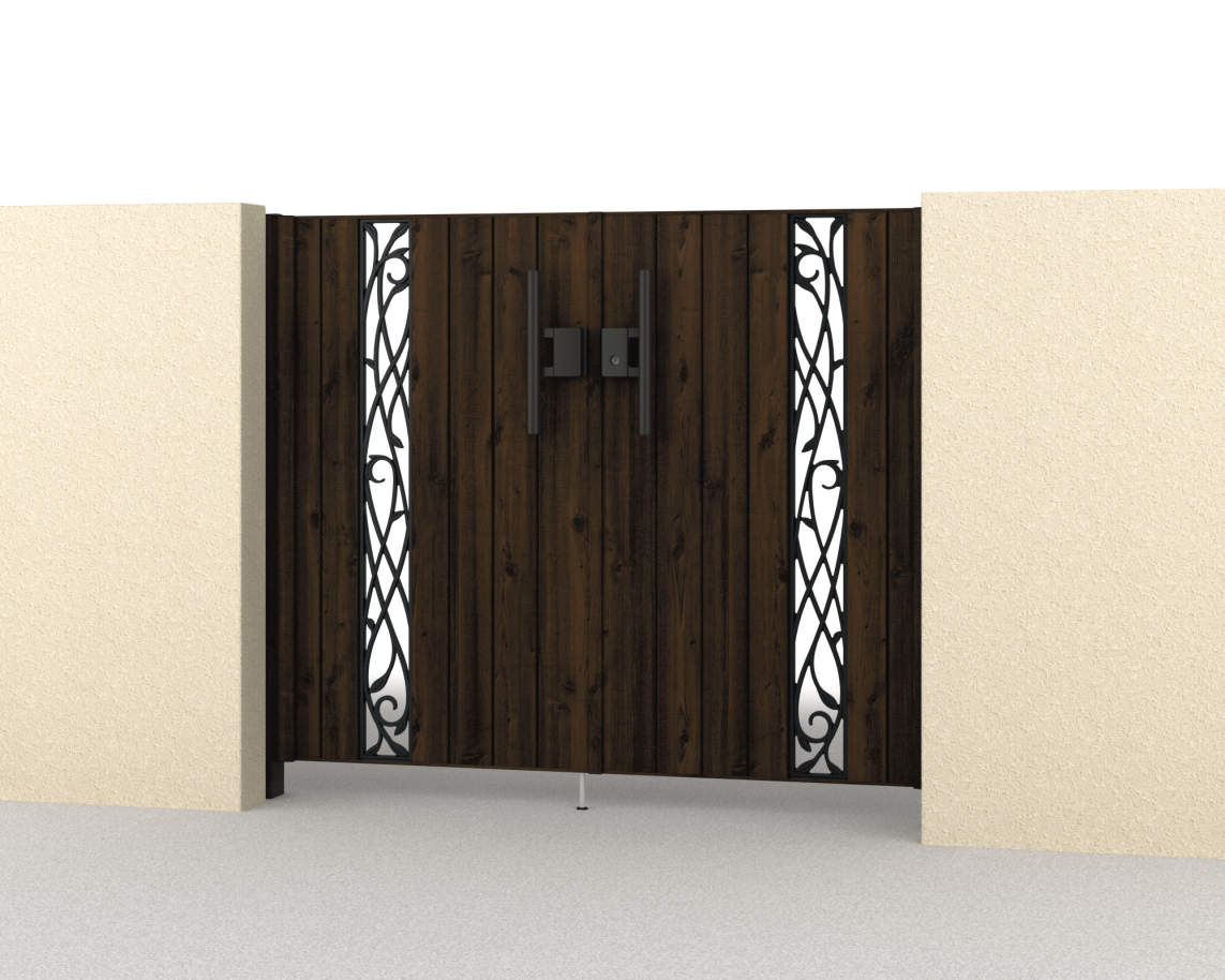 三協アルミ　門扉　モダン　おしゃれ　エクステリア　愛知・名古屋の外構専門店パートナーホームのエクステリア　製品一覧　形材門扉　フレイナ　SC型　0712/すき間ガード（吊元側）/トラッドオーク（FA）/門柱色：トラッドオーク|パートナーホーム