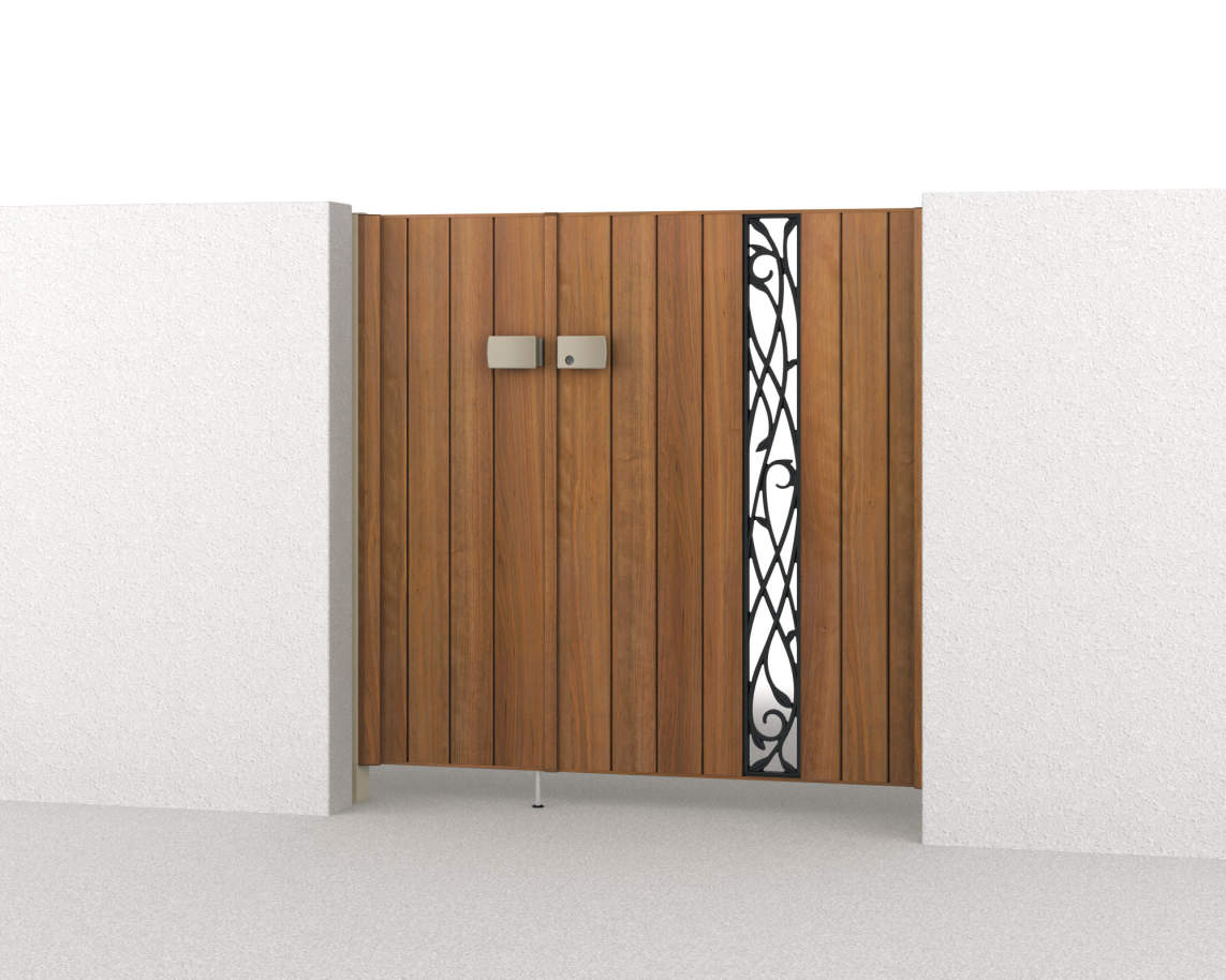 三協アルミ　門扉　モダン　おしゃれ　エクステリア　愛知・名古屋の外構専門店パートナーホームのエクステリア　製品一覧　形材門扉　フレイナ　SC型　04・0812/すき間ガード（吊元側）/クラフトチェリー（YC）/門柱色：アーバングレー|パートナーホーム