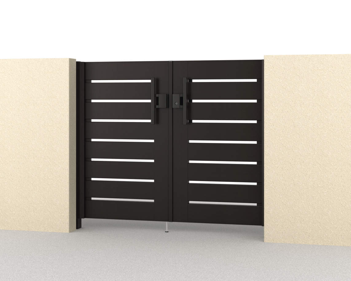 Y1型　三協アルミ　門扉　モダン　おしゃれ　エクステリア　愛知・名古屋の外構専門店パートナーホームのエクステリア　製品一覧　形材門扉　フレイナ　0712/すき間ガード（吊元側）/ダークブロンズ（BD）/門柱色：ダークブロンズ|パートナーホーム