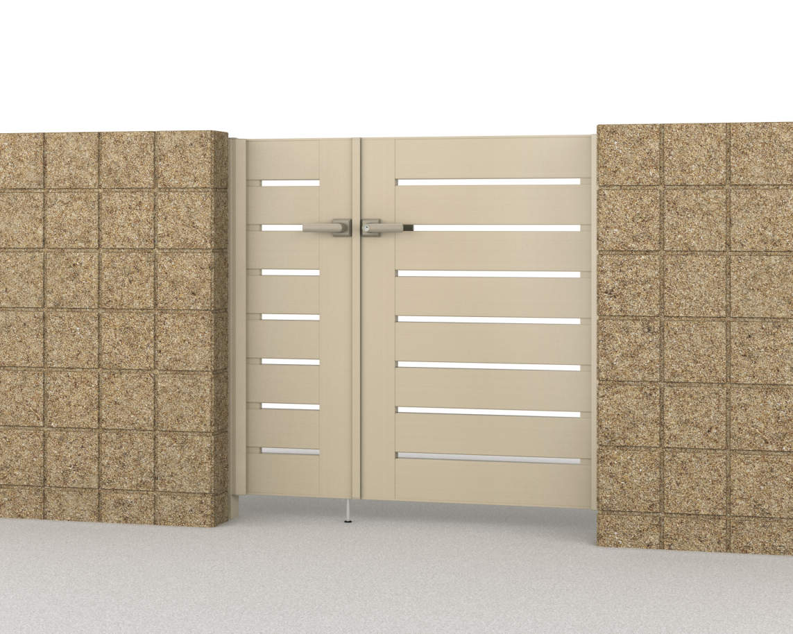 Y1型　三協アルミ　門扉　モダン　おしゃれ　エクステリア　愛知・名古屋の外構専門店パートナーホームのエクステリア　製品一覧　形材門扉　フレイナ　04・0812/すき間ガード（吊元側）/アーバングレー（UC）/門柱色：アーバングレー|パートナーホーム