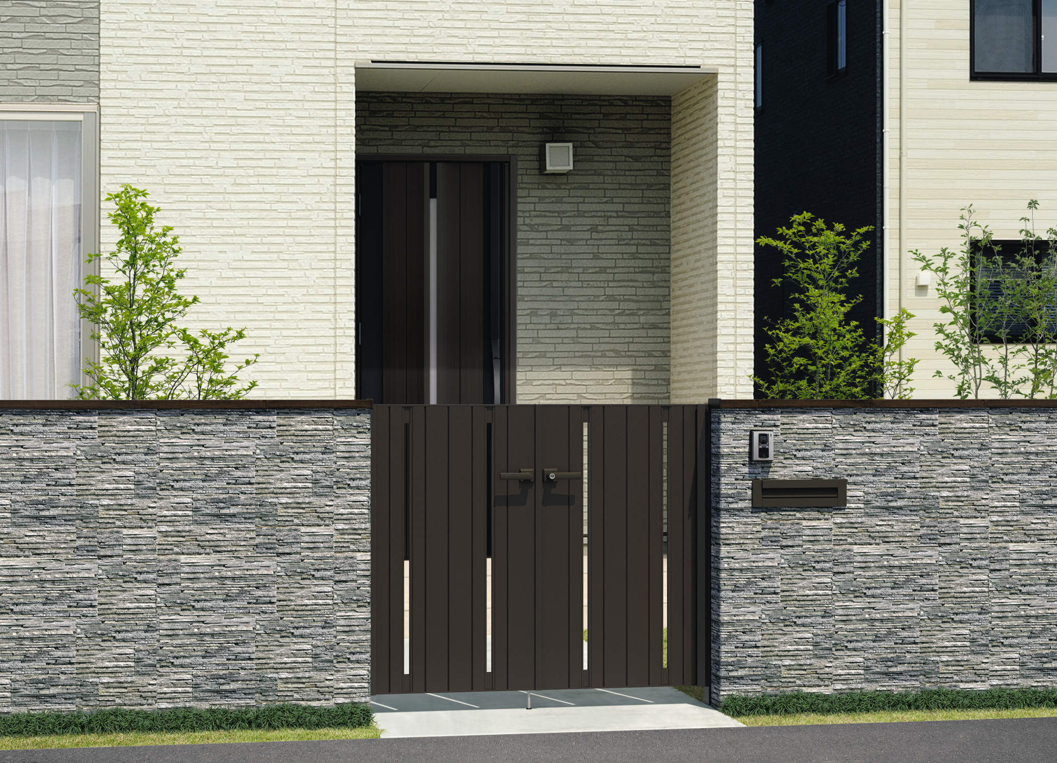 三協アルミ　門扉　モダン　おしゃれ　エクステリア　愛知・名古屋の外構専門店パートナーホームのエクステリア　製品一覧　形材門扉　フレイナ　SD型　0712/すき間ガード（吊元側）/ダークブロンズ（BD）/門柱色：アーバングレー|パートナーホーム