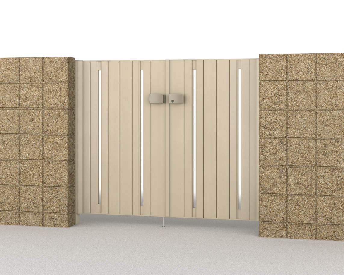 三協アルミ　門扉　モダン　おしゃれ　エクステリア　愛知・名古屋の外構専門店パートナーホームのエクステリア　製品一覧　形材門扉　フレイナ　SD型　0712/すき間ガード（吊元側）/アーバングレー（UC）/門柱色：アーバングレー|パートナーホーム