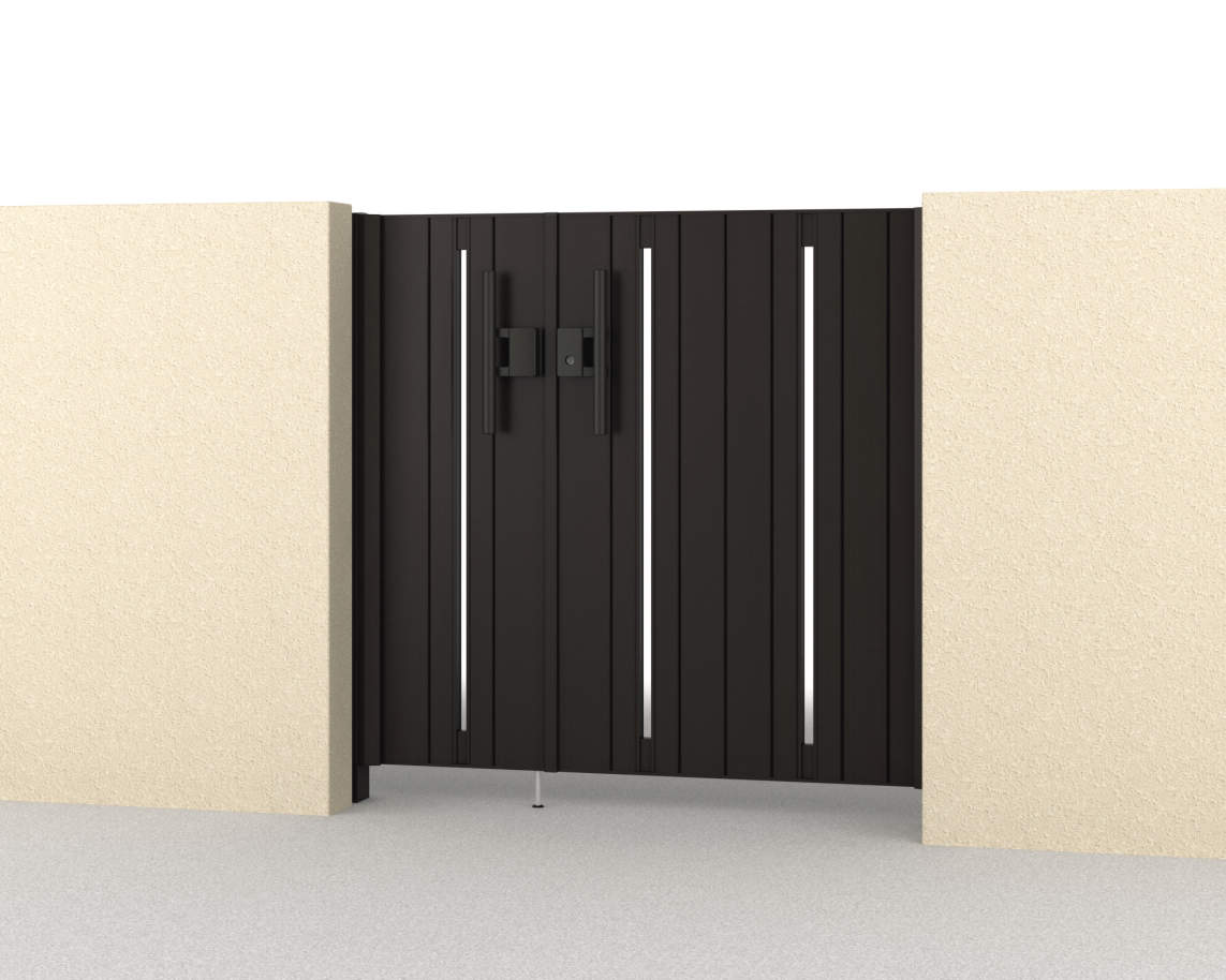 三協アルミ　門扉　モダン　おしゃれ　エクステリア　愛知・名古屋の外構専門店パートナーホームのエクステリア　製品一覧　形材門扉　フレイナ　SD型　04・0812/すき間ガード（吊元側）/ダークブロンズ（BD）/門柱色：ダークブロンズ|パートナーホーム