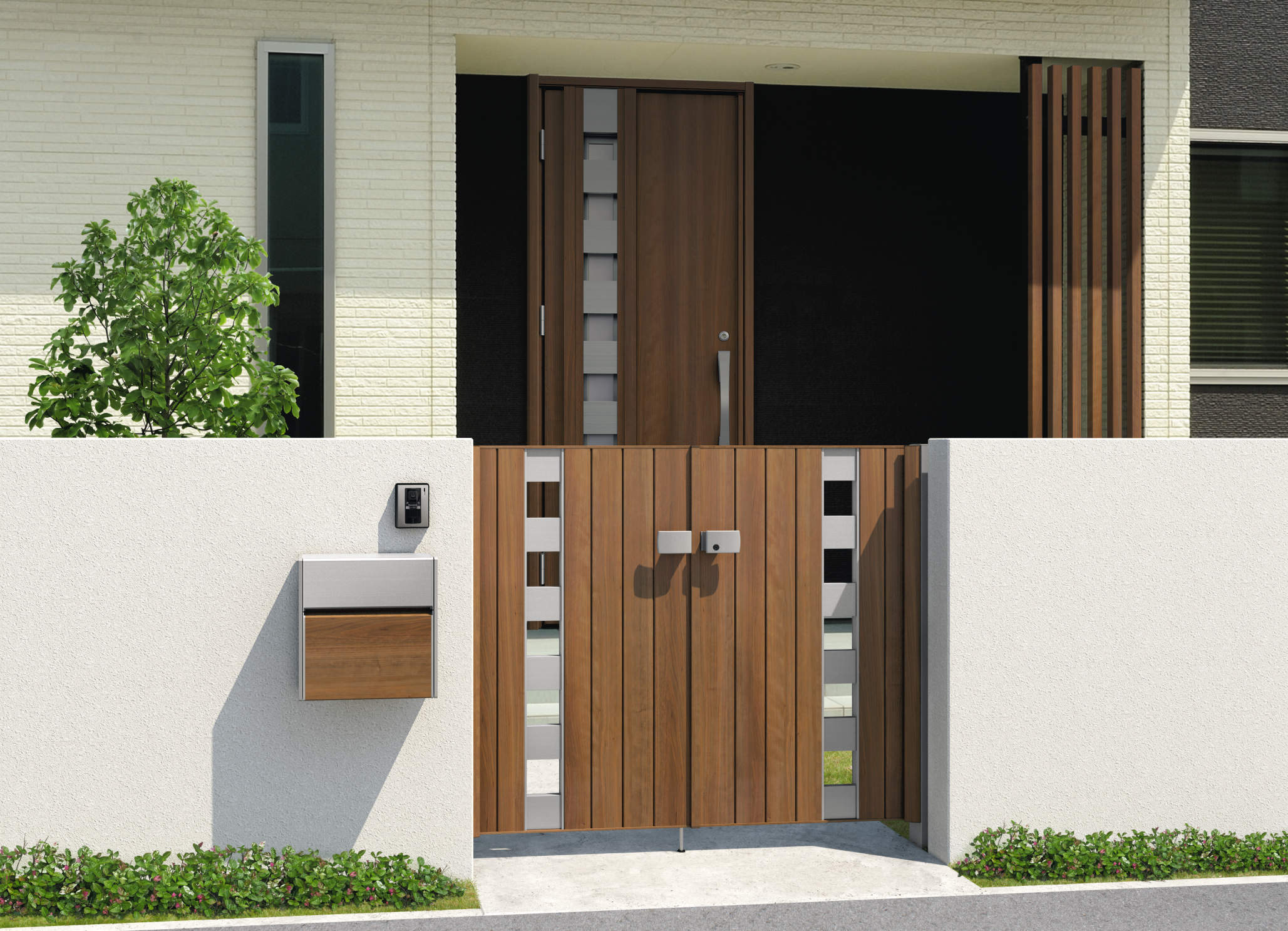 三協アルミ　門扉　モダン　おしゃれ　エクステリア　愛知・名古屋の外構専門店パートナーホームのエクステリア　製品一覧　形材門扉　フレイナ　SW型　0712/すき間ガード（吊元側）/クラフトチェリー・サンシルバー（YCL）/門柱色：サンシルバー|パートナーホーム