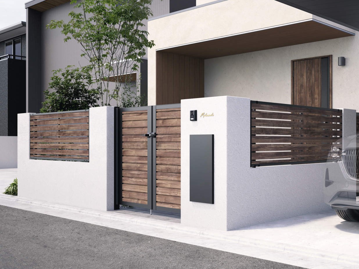 三協アルミ　シャトレナⅡ　特徴【外構エクステリア商品】|YM型（横目隠し） JNK（スモークナット・ブラック）／内蔵錠／すき間ガード（吊元側）　三協アルミ　門扉　モダン　おしゃれ　エクステリア　愛知・名古屋の外構専門店パートナーホームのエクステリア　製品一覧　シャトレナⅡ　YM型（横目隠し） サムネイル|パートナーホーム