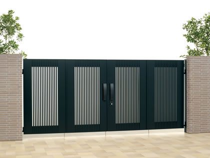 スムーズな開閉の【折り扉納まり】 折り扉の場合でもキャスターは付いていません。床仕上げにタイル張りや水勾配があってもスムーズに扉を開閉できます。　三協アルミ　門扉　モダン　おしゃれ　エクステリア　愛知・名古屋の外構専門店パートナーホームのエクステリア　製品一覧　形材門扉　モンブレム　|パートナーホーム