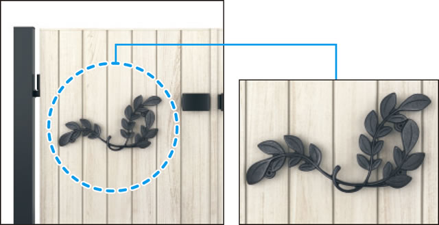 三協アルミ　門扉　モダン　おしゃれ　エクステリア　愛知・名古屋の外構専門店パートナーホームのエクステリア　製品一覧　形材門扉　フレイナ　鋳物装飾材 デザインのアクセントになる「鋳物装飾材」。|パートナーホーム