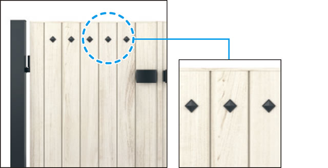 三協アルミ　門扉　モダン　おしゃれ　エクステリア　愛知・名古屋の外構専門店パートナーホームのエクステリア　製品一覧　形材門扉　フレイナ　鋲飾り デザインのアクセントになる「鋲飾り」。|パートナーホーム