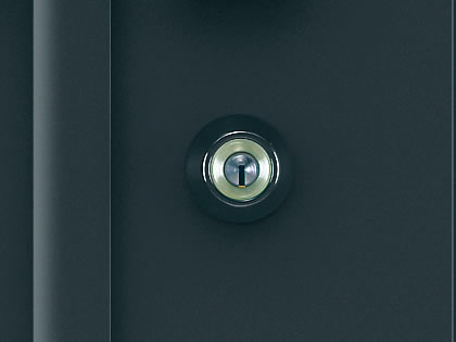 蓄光樹脂 外側の鍵穴のまわりには、夜間でも確認しやすい蓄光樹脂を採用し、鍵が入りやすいスリ鉢形状です。　三協アルミ　門扉　モダン　おしゃれ　エクステリア　愛知・名古屋の外構専門店パートナーホームのエクステリア　製品一覧　形材門扉　モンブレム　|パートナーホーム