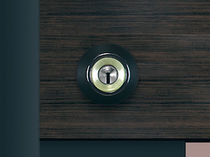 蓄光樹脂 外側の鍵穴のまわりには、夜間でも確認しやすい蓄光樹脂を採用し、鍵が入りやすいスリ鉢形状です。　三協アルミ　門扉　モダン　おしゃれ　エクステリア　愛知・名古屋の外構専門店パートナーホームのエクステリア　製品一覧　形材門扉　ラグレシア　|パートナーホーム