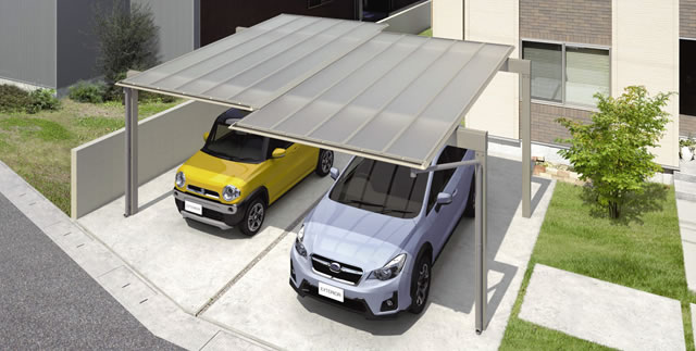 三協アルミ　カーポート　モダン　おしゃれ　エクステリア　愛知・名古屋の外構専門店パートナーホームのエクステリア　製品一覧　スカイリード　屋根間口連結（段違い）|パートナーホーム