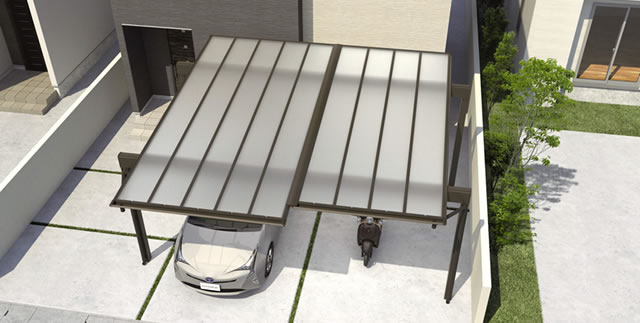 三協アルミ　カーポート　モダン　おしゃれ　エクステリア　愛知・名古屋の外構専門店パートナーホームのエクステリア　製品一覧　スカイリード　屋根間口連結（奥行違い）|パートナーホーム