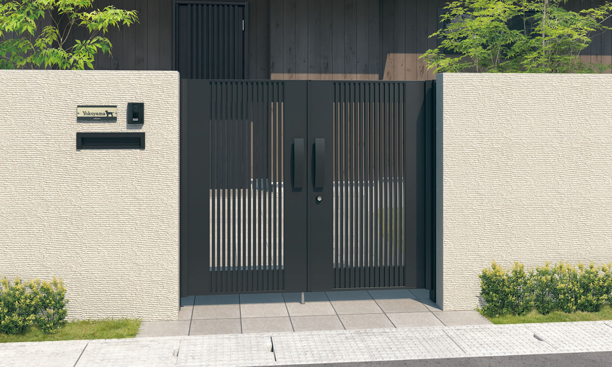 三協アルミ　門扉　モダン　おしゃれ　エクステリア　愛知・名古屋の外構専門店パートナーホームのエクステリア　製品一覧　形材門扉　モンブレム　1型 ブラック／0814／すき間ガード（吊元側）|パートナーホーム