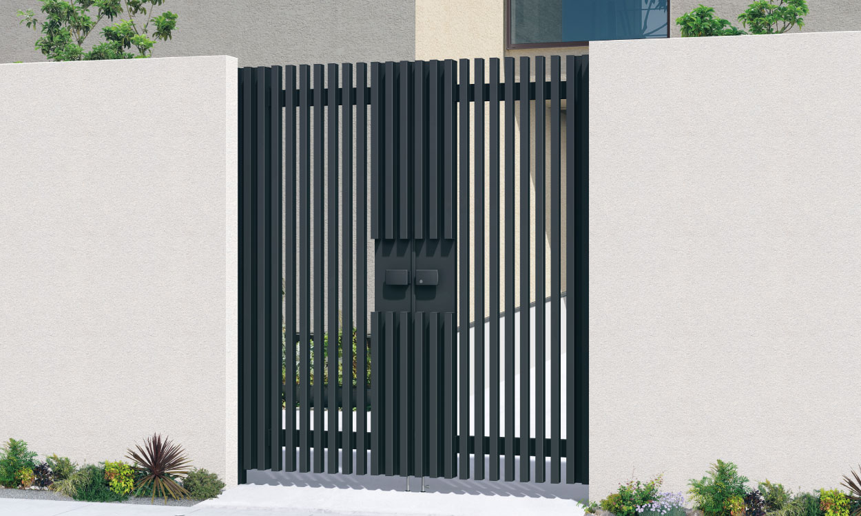 三協アルミ　門扉　モダン　おしゃれ　エクステリア　愛知・名古屋の外構専門店パートナーホームのエクステリア　製品一覧　形材門扉　エルファード　1型 ブラック（KC）／タッチ錠／0820|パートナーホーム