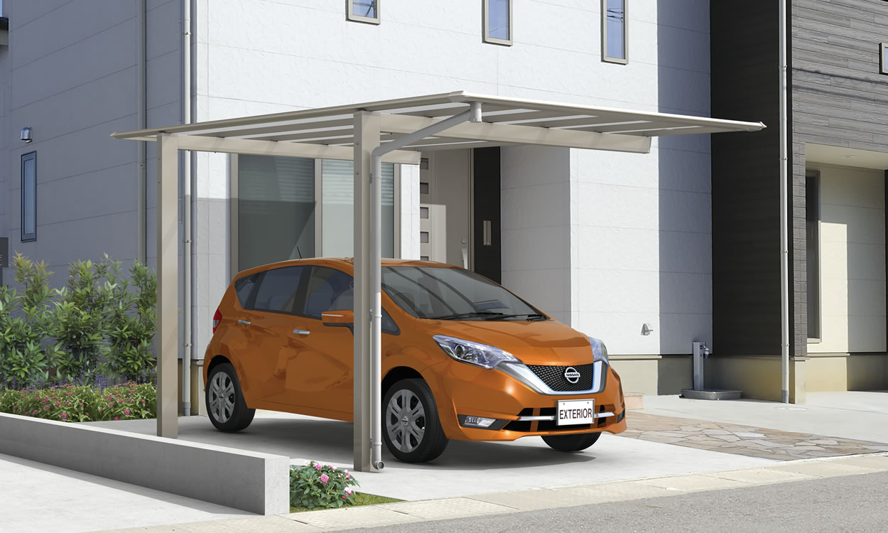 三協アルミ　カーポート　モダン　おしゃれ　エクステリア　愛知・名古屋の外構専門店パートナーホームのエクステリア　製品一覧　スカイリード　基本（1台用）タイプ 耐積雪量20cm仕様／形材屋根枠／アーバングレー（UC）／基本タイプ／5028／H23／ポリカーボネート板（かすみ調）：かすみ（SI）|パートナーホーム