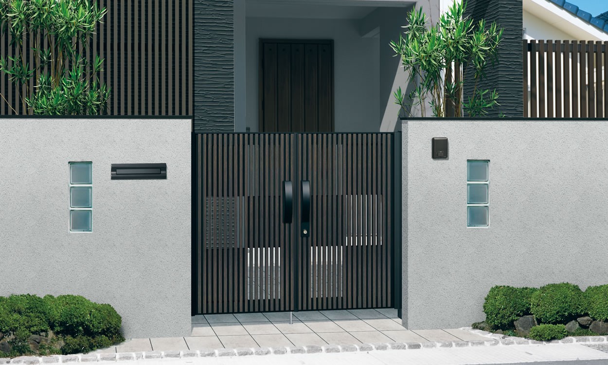 1型 HGK（ビターグレイン・ブラック）／0814　三協アルミ　門扉　モダン　おしゃれ　エクステリア　愛知・名古屋の外構専門店パートナーホームのエクステリア　製品一覧　形材門扉　J.モダン　|パートナーホーム