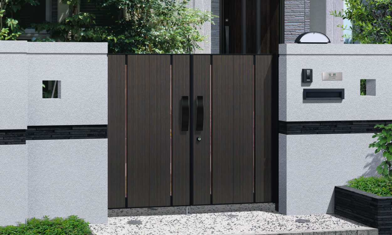 2型 HGK（ビターグレイン・ブラック）／0814　三協アルミ　門扉　モダン　おしゃれ　エクステリア　愛知・名古屋の外構専門店パートナーホームのエクステリア　製品一覧　形材門扉　ラグレシア　|パートナーホーム