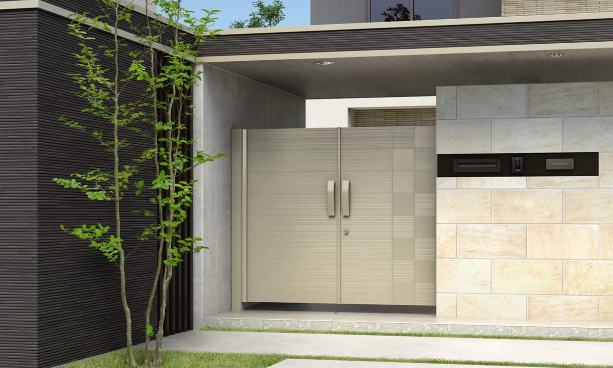 三協アルミ　門扉　モダン　おしゃれ　エクステリア　愛知・名古屋の外構専門店パートナーホームのエクステリア　製品一覧　形材門扉　リフレア　2型　　2型 アーバングレー／A＋B／0916／すき間ガード（吊元側）|パートナーホーム