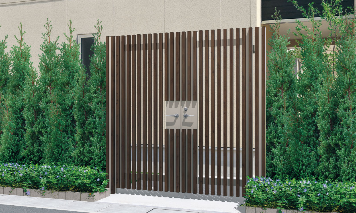 三協アルミ　門扉　モダン　おしゃれ　エクステリア　愛知・名古屋の外構専門店パートナーホームのエクステリア　製品一覧　形材門扉　エルファード　M1型 FAU（トラッドオーク・アーバングレー）／レバーハンドル錠／0820|パートナーホーム