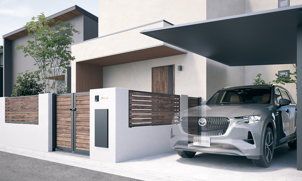 YM型（横目隠し） JNK（スモークナット・ブラック）／内蔵錠／すき間ガード（吊元側）　三協アルミ　門扉　モダン　おしゃれ　エクステリア　愛知・名古屋の外構専門店パートナーホームのエクステリア　製品一覧　シャトレナⅡ　YM型（横目隠し）|パートナーホーム