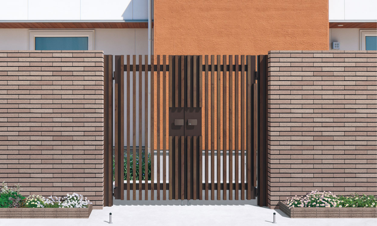 三協アルミ　門扉　モダン　おしゃれ　エクステリア　愛知・名古屋の外構専門店パートナーホームのエクステリア　製品一覧　形材門扉　エルファード　M1型 FAC（トラッドオーク・ダークブロンズ）／外開き／タッチ錠／0818|パートナーホーム