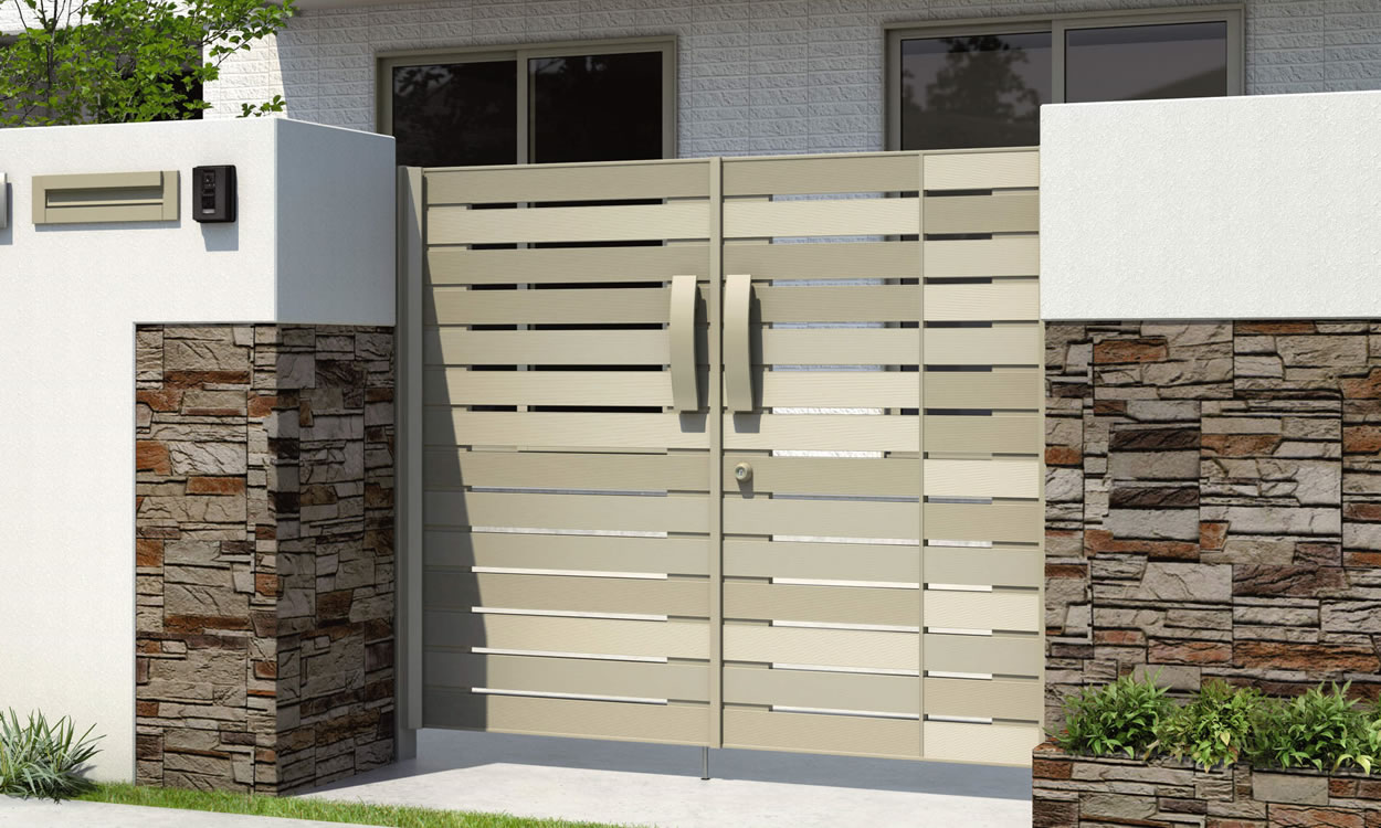 三協アルミ　門扉　モダン　おしゃれ　エクステリア　愛知・名古屋の外構専門店パートナーホームのエクステリア　製品一覧　形材門扉　リフレア　アーバングレー／A＋B／0814／すき間ガード（吊元側）|パートナーホーム