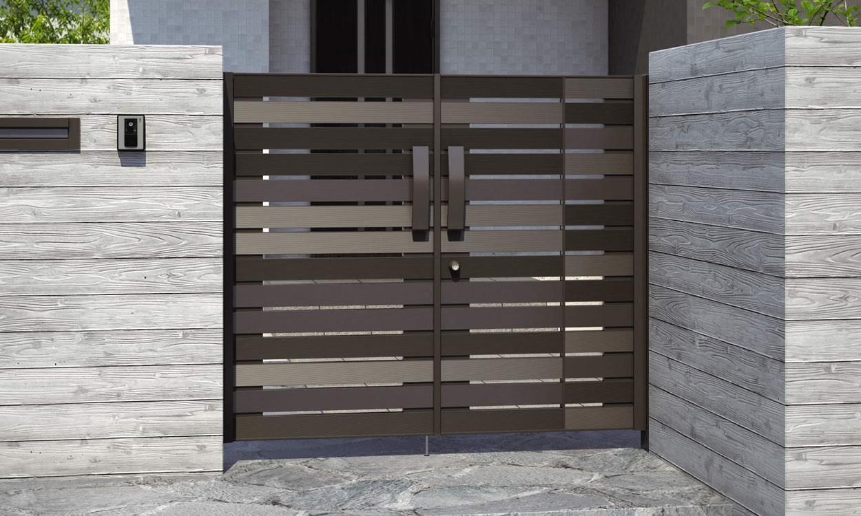 三協アルミ　門扉　モダン　おしゃれ　エクステリア　愛知・名古屋の外構専門店パートナーホームのエクステリア　製品一覧　形材門扉　リフレア　3型 ダークブロンズ／A＋B／0814／すき間ガード（吊元側）|パートナーホーム