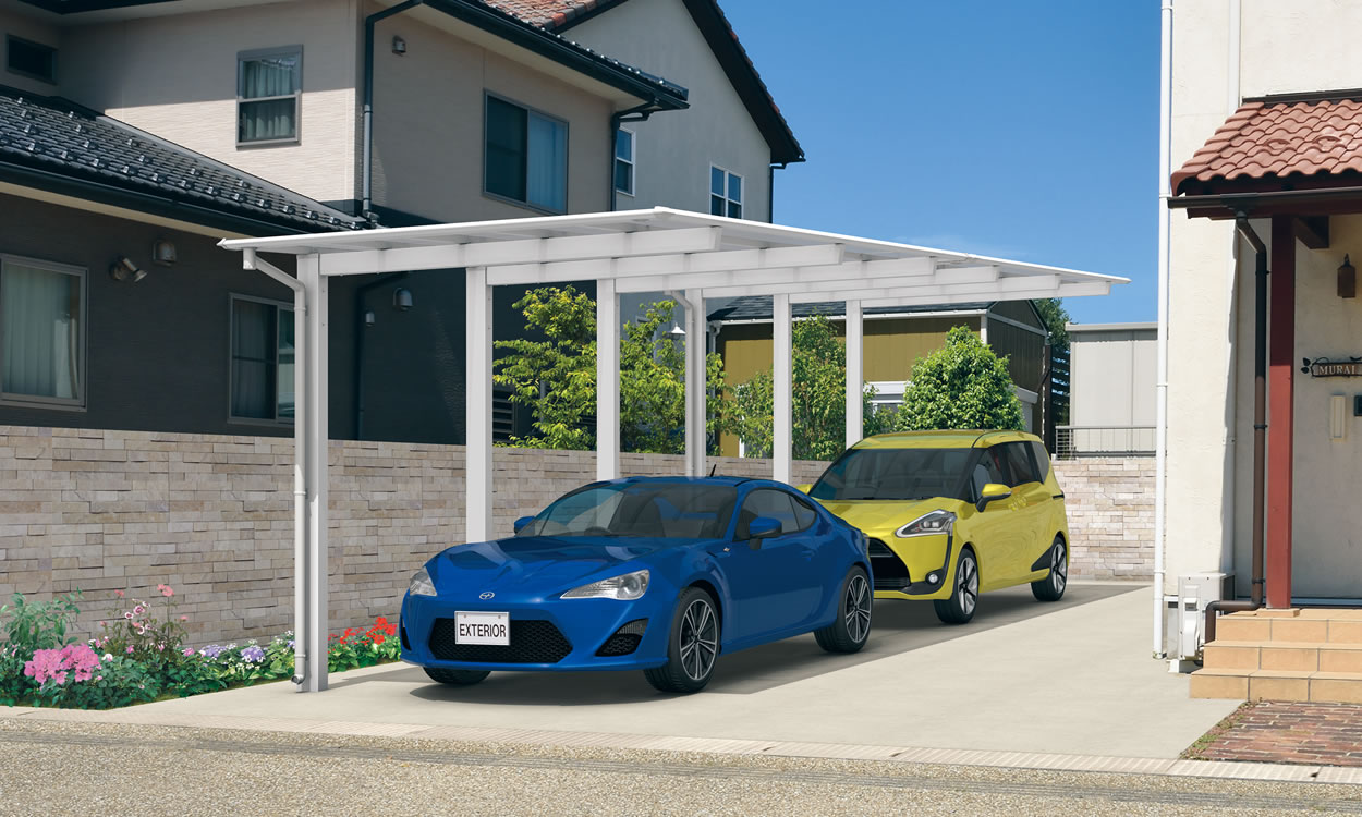 三協アルミ　カーポート　モダン　おしゃれ　エクステリア　愛知・名古屋の外構専門店パートナーホームのエクステリア　製品一覧　スカイリード　奥行2連結タイプ 耐積雪量30cm仕様／形材屋根枠／ホワイト（WH）／奥行2連結タイプ／（50・50）28／H25／ポリカーボネート板（かすみ調）：かすみ（SI）|パートナーホーム