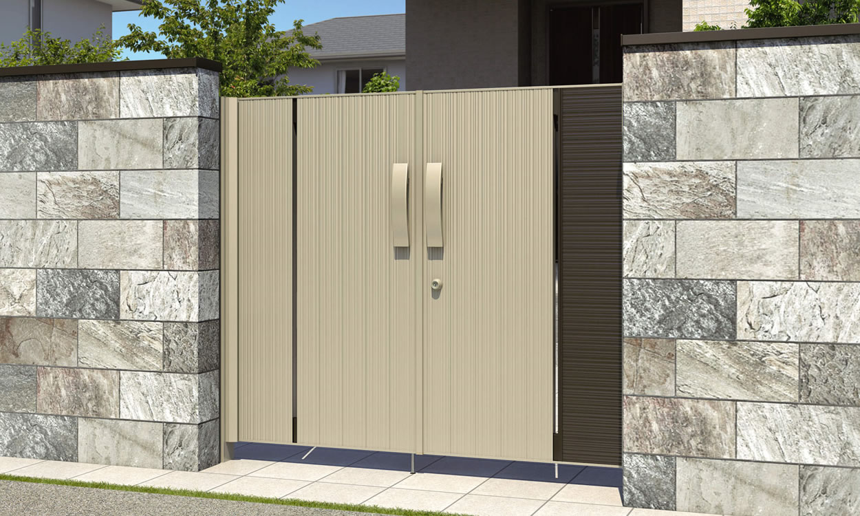 三協アルミ　門扉　モダン　おしゃれ　エクステリア　愛知・名古屋の外構専門店パートナーホームのエクステリア　製品一覧　形材門扉　リフレア　4型 アーバングレー／A＋B／0814／すき間ガード（吊元側）|パートナーホーム