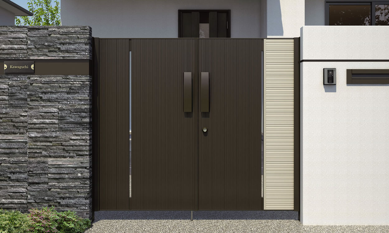 三協アルミ　門扉　モダン　4型 ダークブロンズ／A＋B／0814／すき間ガード（吊元側）　エクステリア　愛知・名古屋の外構専門店パートナーホームのエクステリア　製品一覧　形材門扉　リフレア　|パートナーホーム