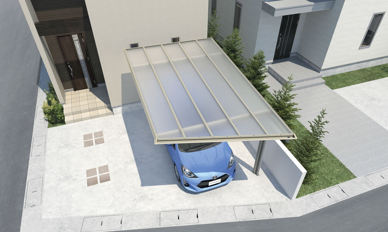 三協アルミ　カーポート　モダン　おしゃれ　エクステリア　愛知・名古屋の外構専門店パートナーホームのエクステリア　製品一覧　スカイリード　基本タイプ（異形地対応）オプション 耐積雪量20cm仕様／間口台形納まり／形材屋根枠／アーバングレー（UC）／基本タイプ／5031／H23／ポリカーボネート板（かすみ調）：かすみ（SI）|パートナーホーム