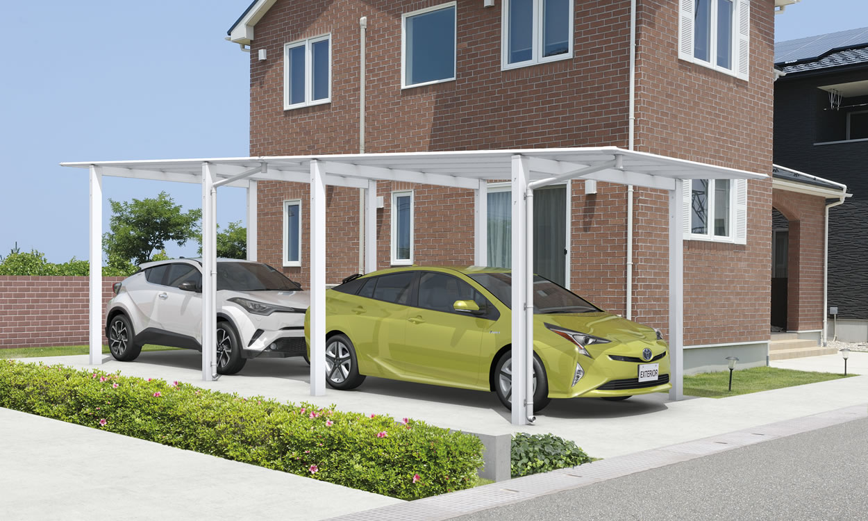 三協アルミ　カーポート　モダン　おしゃれ　エクステリア　愛知・名古屋の外構専門店パートナーホームのエクステリア　製品一覧　スカイリード　奥行2連結タイプ 耐積雪量20cm仕様／形材屋根枠／ホワイト（WH）／奥行2連結タイプ／（50・50）28／H23／ポリカーボネート板（かすみ調）：かすみ（SI）|パートナーホーム