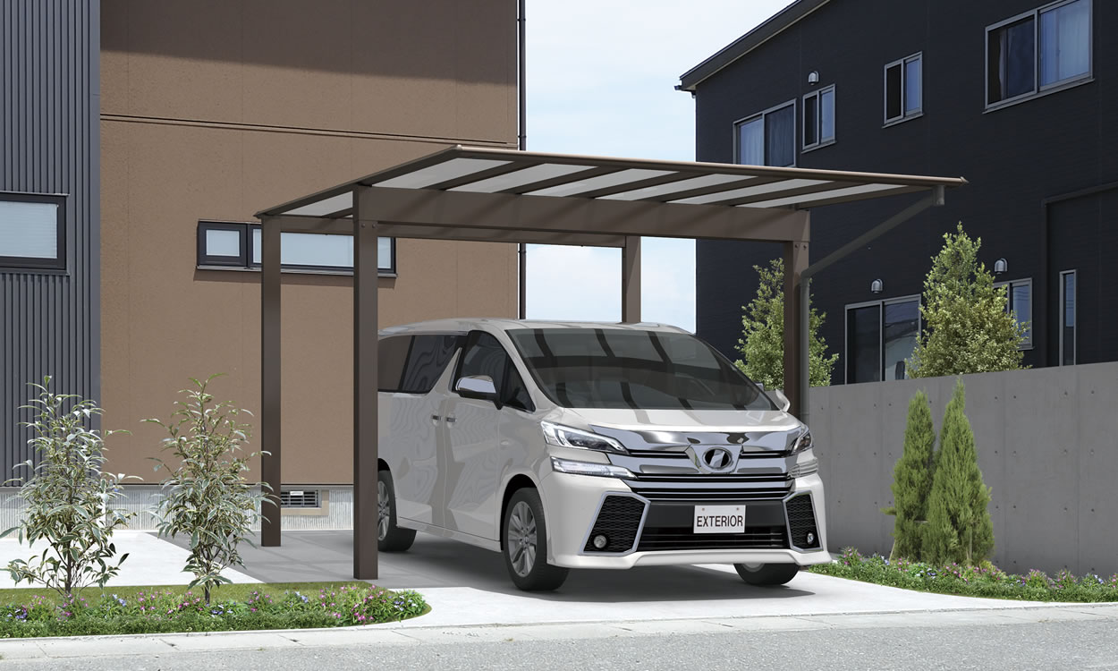 三協アルミ　カーポート　モダン　おしゃれ　エクステリア　愛知・名古屋の外構専門店パートナーホームのエクステリア　製品一覧　スカイリード　奥行片寄せタイプ 耐積雪量20cm仕様／形材屋根枠／ダークブロンズ（BD）／奥行片寄せタイプ／5033／H25／ポリカーボネート板（かすみ調）：かすみ（SI）|パートナーホーム