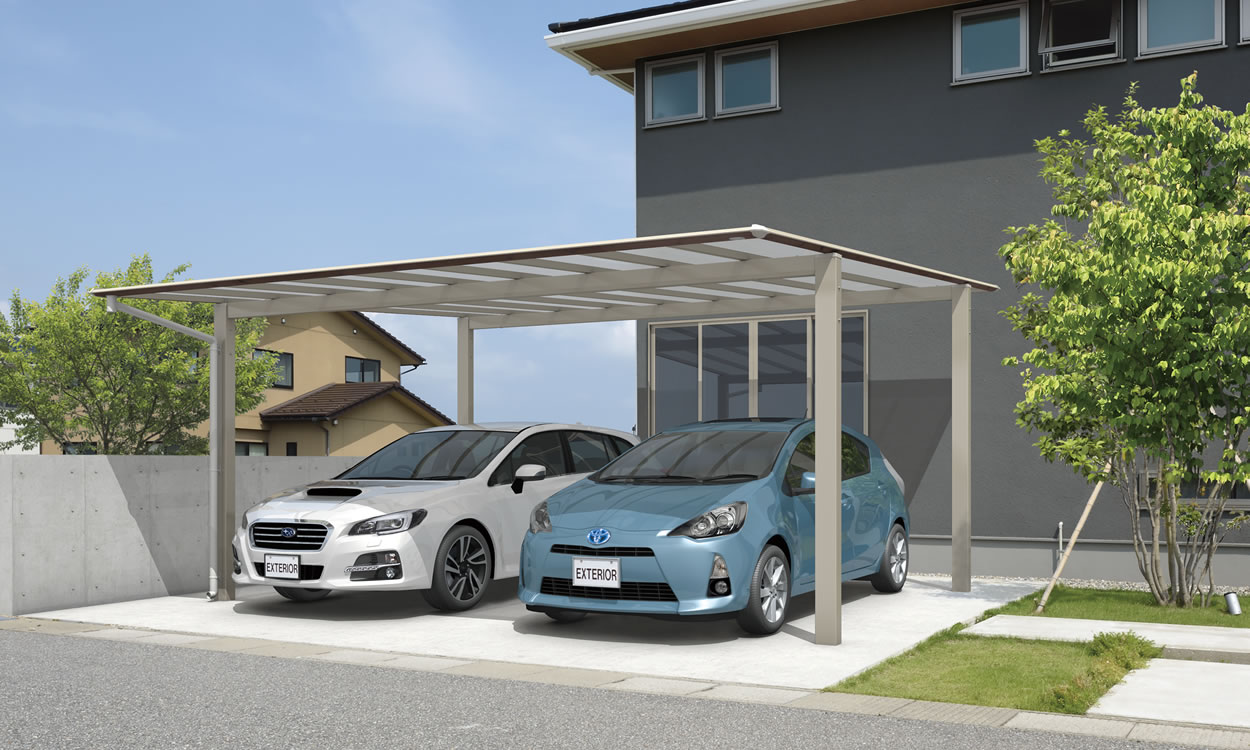 三協アルミ　カーポート　モダン　おしゃれ　エクステリア　愛知・名古屋の外構専門店パートナーホームのエクステリア　製品一覧　スカイリード　基本（2台用）タイプ 耐積雪量20cm仕様／木調屋根枠／FAU（トラッドオーク・アーバングレー）／基本タイプ／5054／H23／ポリカーボネート板（かすみ調）：かすみ（SI）|パートナーホーム
