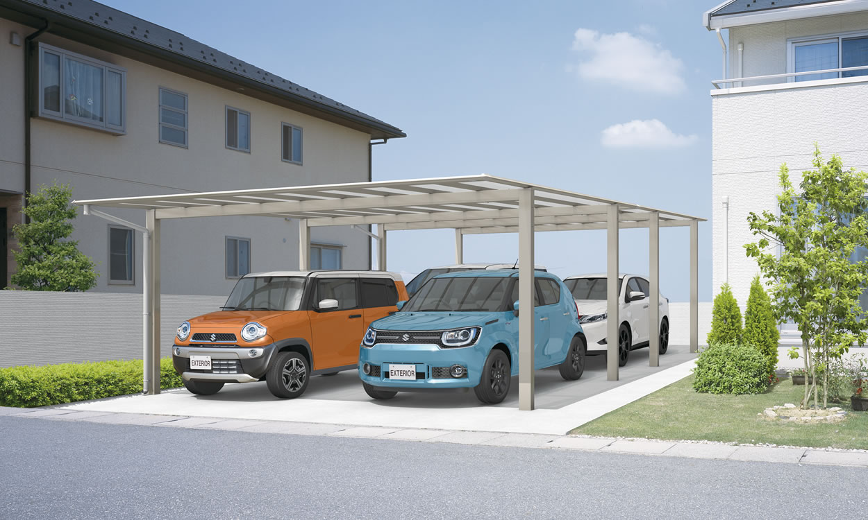 三協アルミ　カーポート　モダン　おしゃれ　エクステリア　愛知・名古屋の外構専門店パートナーホームのエクステリア　製品一覧　スカイリード　奥行2連結タイプ 耐積雪量20cm仕様／形材屋根枠／アーバングレー（UC）／奥行2連結タイプ／（50・50）54／H23／ポリカーボネート板（かすみ調）：かすみ（SI）|パートナーホーム