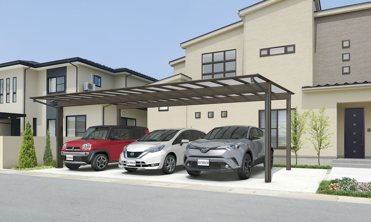 三協アルミ　カーポート　モダン　おしゃれ　エクステリア　愛知・名古屋の外構専門店パートナーホームのエクステリア　製品一覧　スカイリード　基本（3台用）タイプ 耐積雪量20cm仕様／形材屋根枠／ダークブロンズ（BD）／基本タイプ／5080／H23／ポリカーボネート板（かすみ調）：かすみ（SI）|パートナーホーム