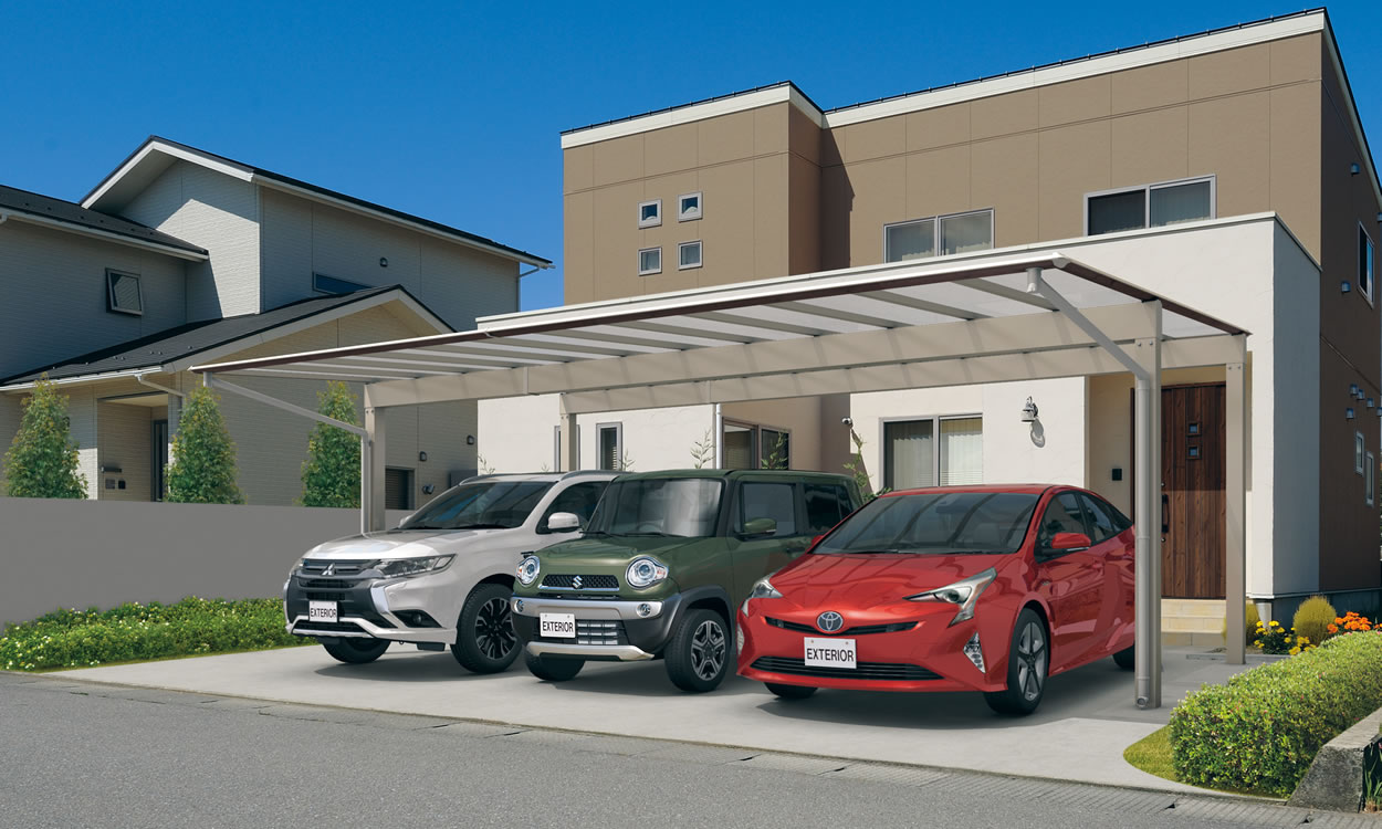 三協アルミ　カーポート　モダン　おしゃれ　エクステリア　愛知・名古屋の外構専門店パートナーホームのエクステリア　製品一覧　スカイリード　奥行片寄せタイプ 耐積雪量20cm仕様／木調屋根枠／FAU（トラッドオーク・アーバングレー）／奥行片寄せタイプ／5072／H23／ポリカーボネート板（かすみ調）：かすみ（SI）|パートナーホーム