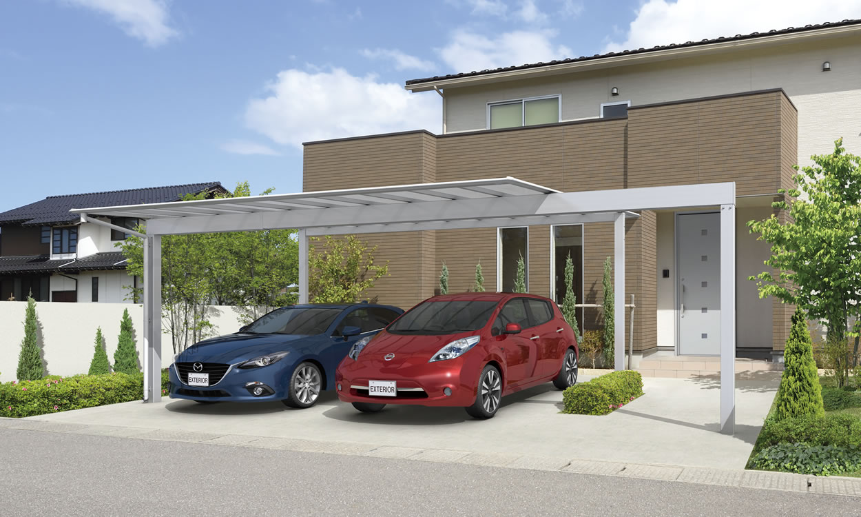 三協アルミ　カーポート　モダン　おしゃれ　エクステリア　愛知・名古屋の外構専門店パートナーホームのエクステリア　製品一覧　スカイリード　延長梁タイプ 耐積雪量20cm仕様／形材屋根枠／サンシルバー（SLC）／基本タイプ／5460／H25／延長梁：80（1本）／ポリカーボネート板（かすみ調）：かすみ（SI）|パートナーホーム