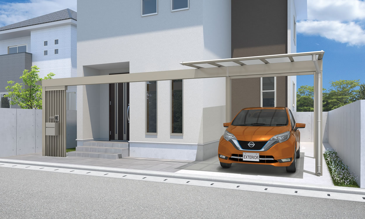 三協アルミ　カーポート　モダン　おしゃれ　エクステリア　愛知・名古屋の外構専門店パートナーホームのエクステリア　製品一覧　スカイリード　延長梁タイプ 耐積雪量20cm仕様／形材屋根枠／アーバングレー（UC）／基本タイプ／5028／H23／延長梁：80（1本）／ポリカーボネート板（かすみ調）：かすみ（SI）／オプション：梁下スクリーン|パートナーホーム