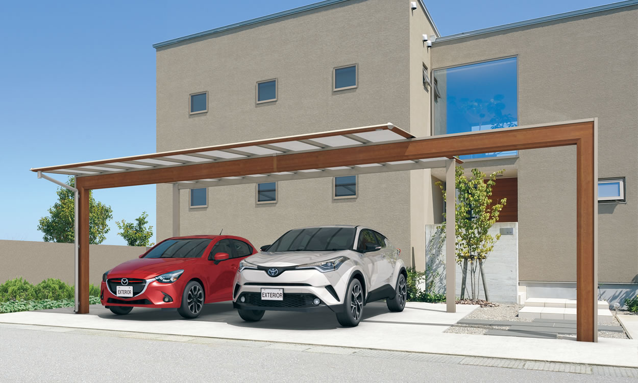三協アルミ　カーポート　モダン　おしゃれ　エクステリア　愛知・名古屋の外構専門店パートナーホームのエクステリア　製品一覧　スカイリード　木調色フレームタイプ 耐積雪量20cm仕様／木調屋根枠／YCU（クラフトチェリー・アーバングレー）／基本タイプ／5460／H25／木調色フレーム：80（1本）／ポリカーボネート板（かすみ調）：かすみ（SI）|パートナーホーム