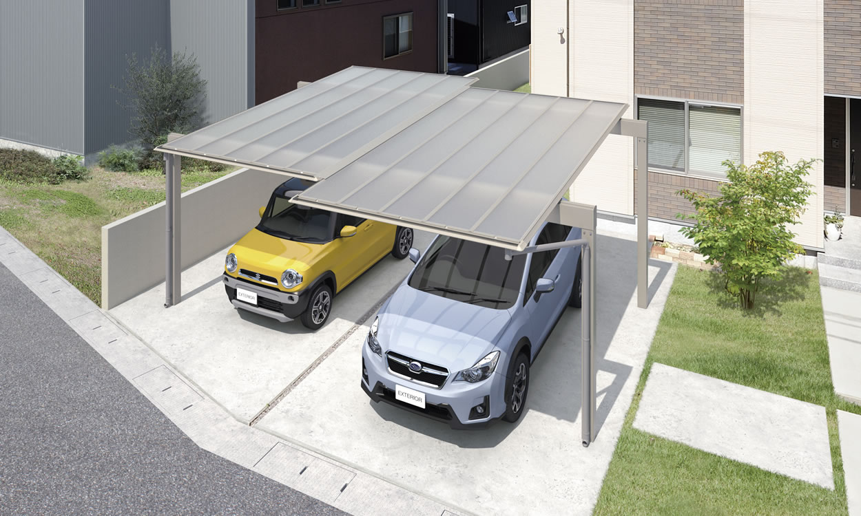 三協アルミ　カーポート　モダン　おしゃれ　エクステリア　愛知・名古屋の外構専門店パートナーホームのエクステリア　製品一覧　スカイリード　屋根間口連結（段違い）タイプ 耐積雪量20cm仕様／木調屋根枠／YCU（クラフトチェリー・アーバングレー）／屋根間口連結タイプ（段違い）／50（28・28）／H23／ポリカーボネート板（かすみ調）：かすみ（SI）|パートナーホーム