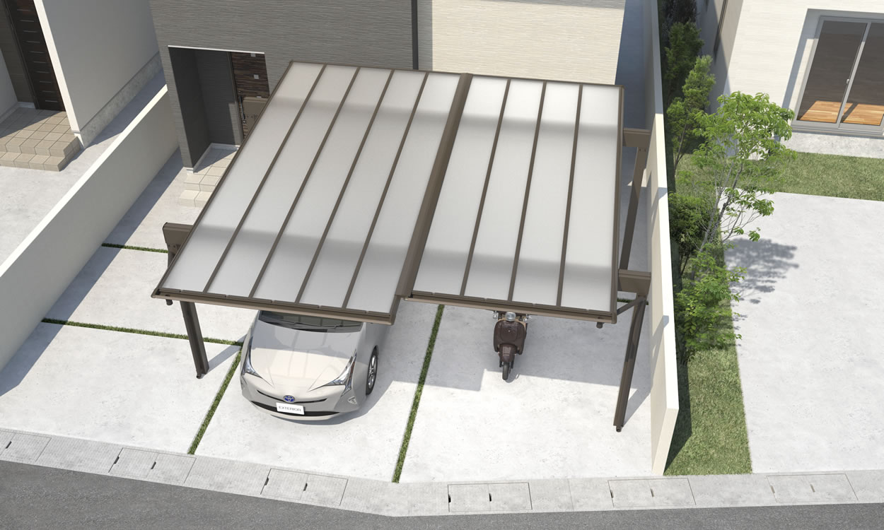 三協アルミ　カーポート　モダン　おしゃれ　エクステリア　愛知・名古屋の外構専門店パートナーホームのエクステリア　製品一覧　スカイリード　屋根間口連結（段違い）タイプ 耐積雪量20cm仕様／形材屋根枠／ダークブロンズ（BD）／屋根間口連結タイプ（奥行違い）／5024・5428／H23／ポリカーボネート板（かすみ調）：かすみ（SI）|パートナーホーム